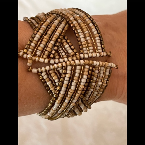 Boho Tan, White and Bronze Beaded and Braided Bracelet - Picture 2 of 5